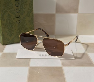 Gucci GG1676S 002 Aviator Gold Tortoise Metal Brown Sunglasses Ships Today