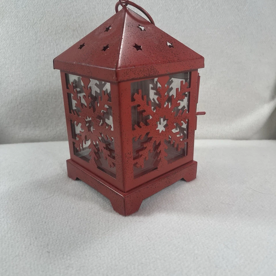 Red Metal Lantern with Glass, Snowflakes Design, and Latching Door - Image 3 of 4