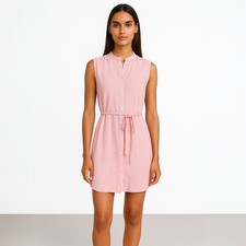 Ann Taylor LOFT Pink Sleeveless Striped Belted Button Mini Tank Shirt Dress XS