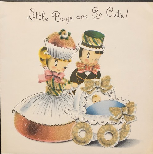 Vtg Congrats New Baby Greeting Card NORCROSS Cupcake Girl Baby Boy Stroller RARE