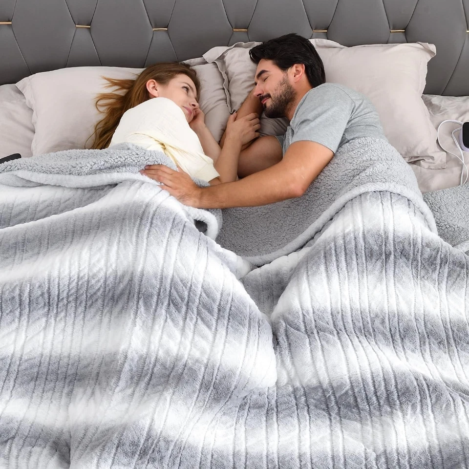 Silver Gradient Stripe Heated Blanket King Size - Dual-Sided Faux Fur & Sherpa - Image 3 of 4