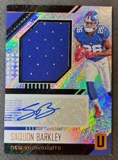 Saquon Barkley 2018 Panini Unparalleled Player Worn Jersey Auto Rookie Card. rookie card picture