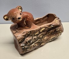 Vintage Ceramic Bear On Log 6"x4" Small Planter/Trinket Holder Gold Trim