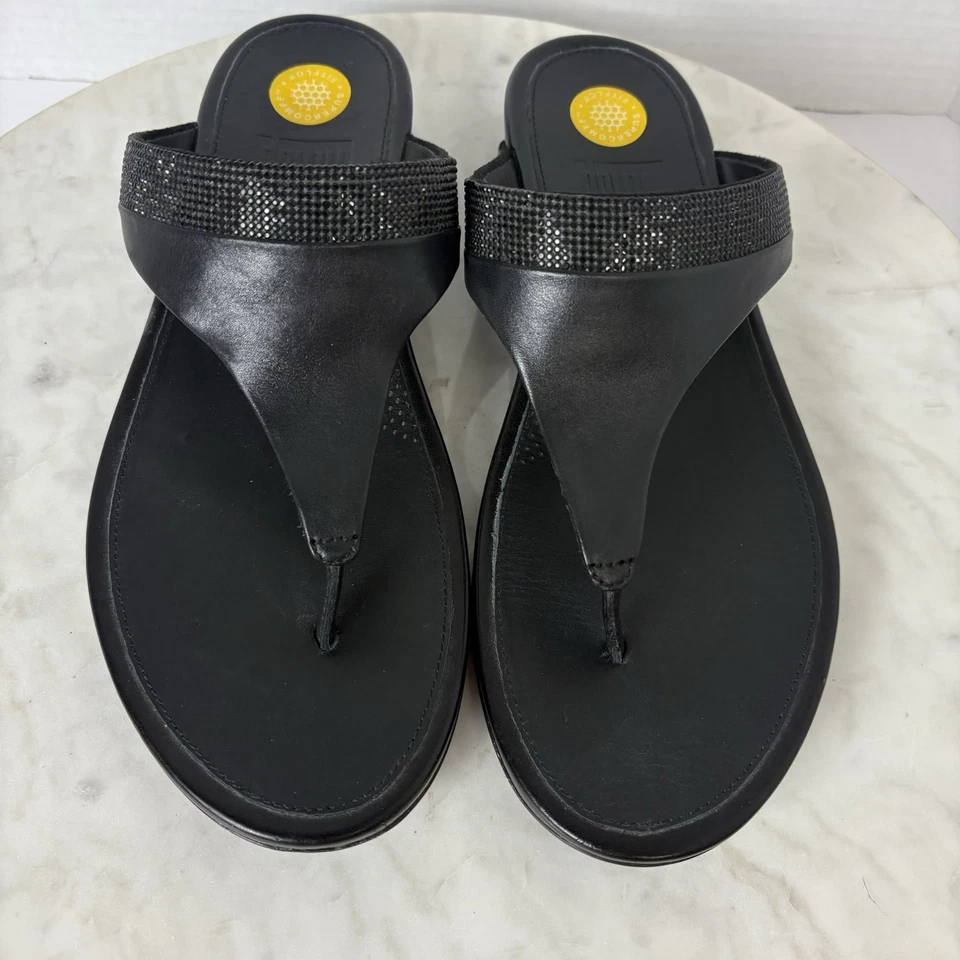 SANDALIAS FITFLOP BANDA MICROCRISTAL PUNTERA CUERO NEGRO TANGA TALLA 41 US 9 Foto 2 de 4