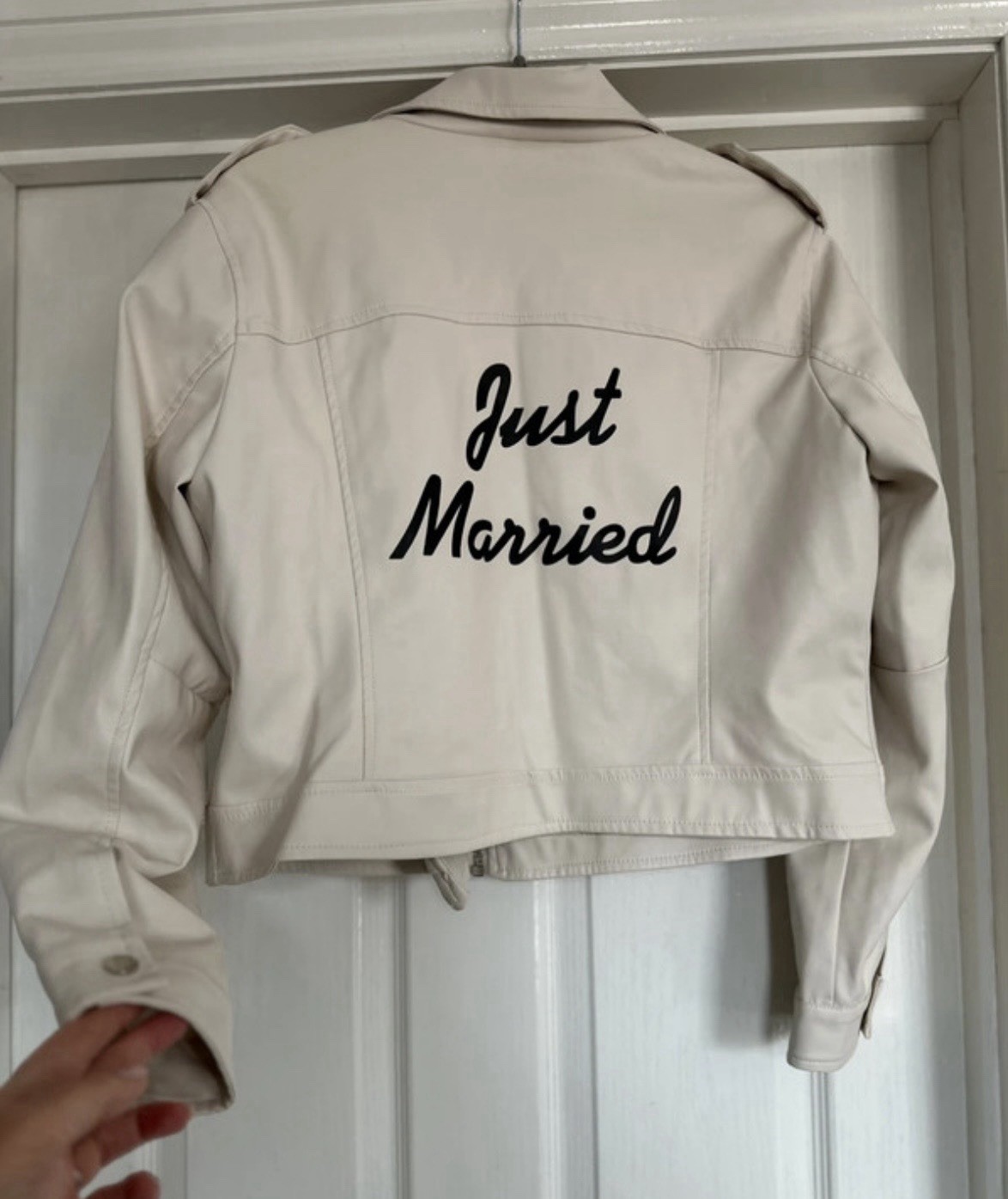 Barneys Originals Women’s Cream Faux Leather Biker Jacket 16 Just Married Print