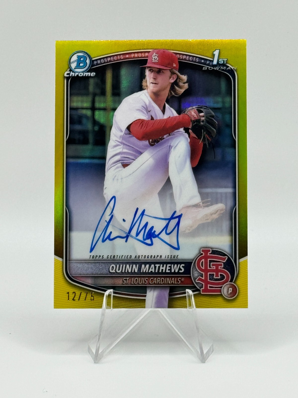 2025 Bowman Quinn Mathews 1st Chrome Prospect Auto Yellow /75 #CPA-QM Cardinals