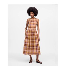 Madewell Smocked Boatneck Dress Plaid Seersucker Afternoon Fuschia