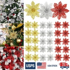 20pcs Christmas Glitter Poinsettia Artificial Flowers Xmas Tree Ornaments Decora