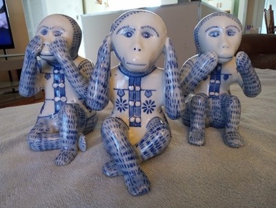 Unique Vintage 3 Ceramic Monkey - See No Evil Speak Hear Blue