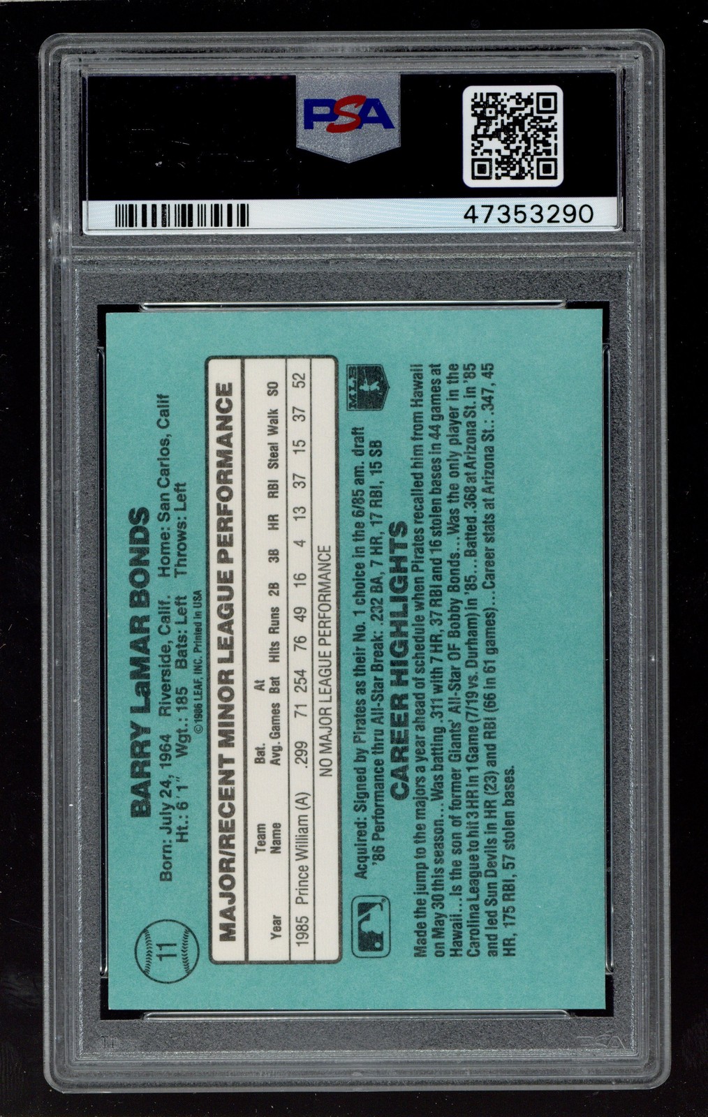 1986 Donruss The Rookies #11 Barry Bonds PSA 8 ROOKIE RC view 2