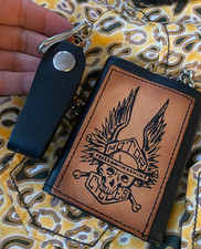 Biker Trifold Wallet Chain Black Brown Tooled Leather Skull Wings Motorcycle