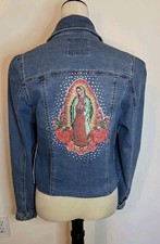 Our Lady Of Guadalupe Image with Rhinestones denim jacket size Medium stretch ne