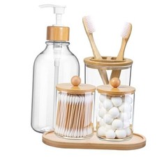 5 Pack Bamboo Bathroom Accessories Set with Tray - Plastic Soap Dispenser