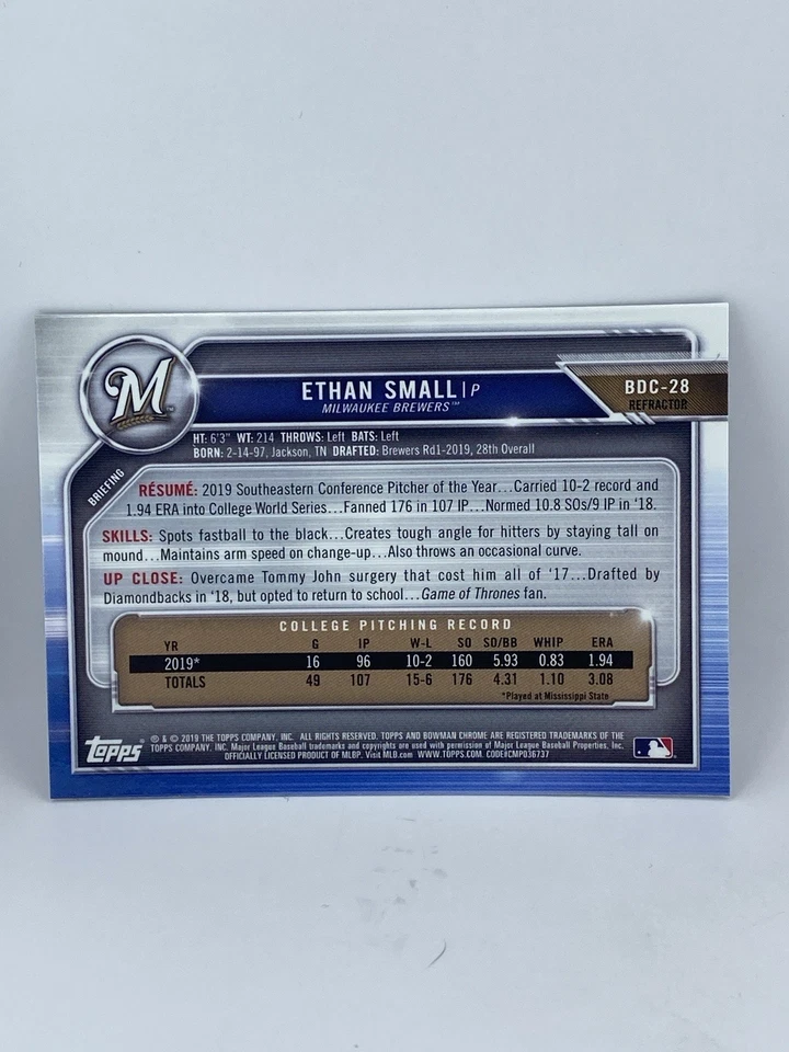 2019 Bowman Draft Refractor Ethan Small 1st Bowman BDC-28 Brewers - Image 2 of 2