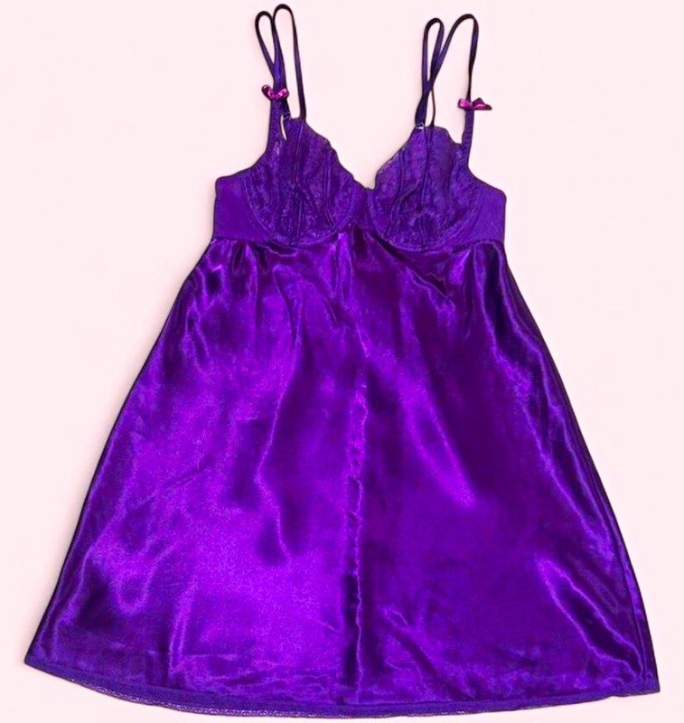 Morgan Taylor Intimates M Purple Satin Lace Full Slip Strap Bow