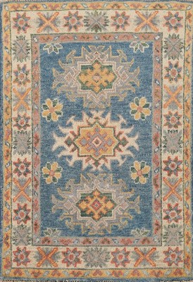 Blue/ Ivory Super Kazak Rug Foyer Hand-knotted Geometric Oriental Carpet 2x3