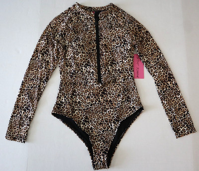Betsey Johnson Women's Sz M Leopard Print L/S Scuba Zip-Up 1-Piece Swimsuit $128