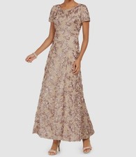 Alex Evenings Women's Beige Sequin Lace Rosette A-Line Dress Size 14