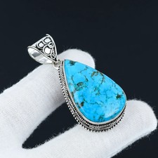 Blue Turquoise Gemstone Handmade 925 Sterling Silver Jewelry Pendant Sz-2''