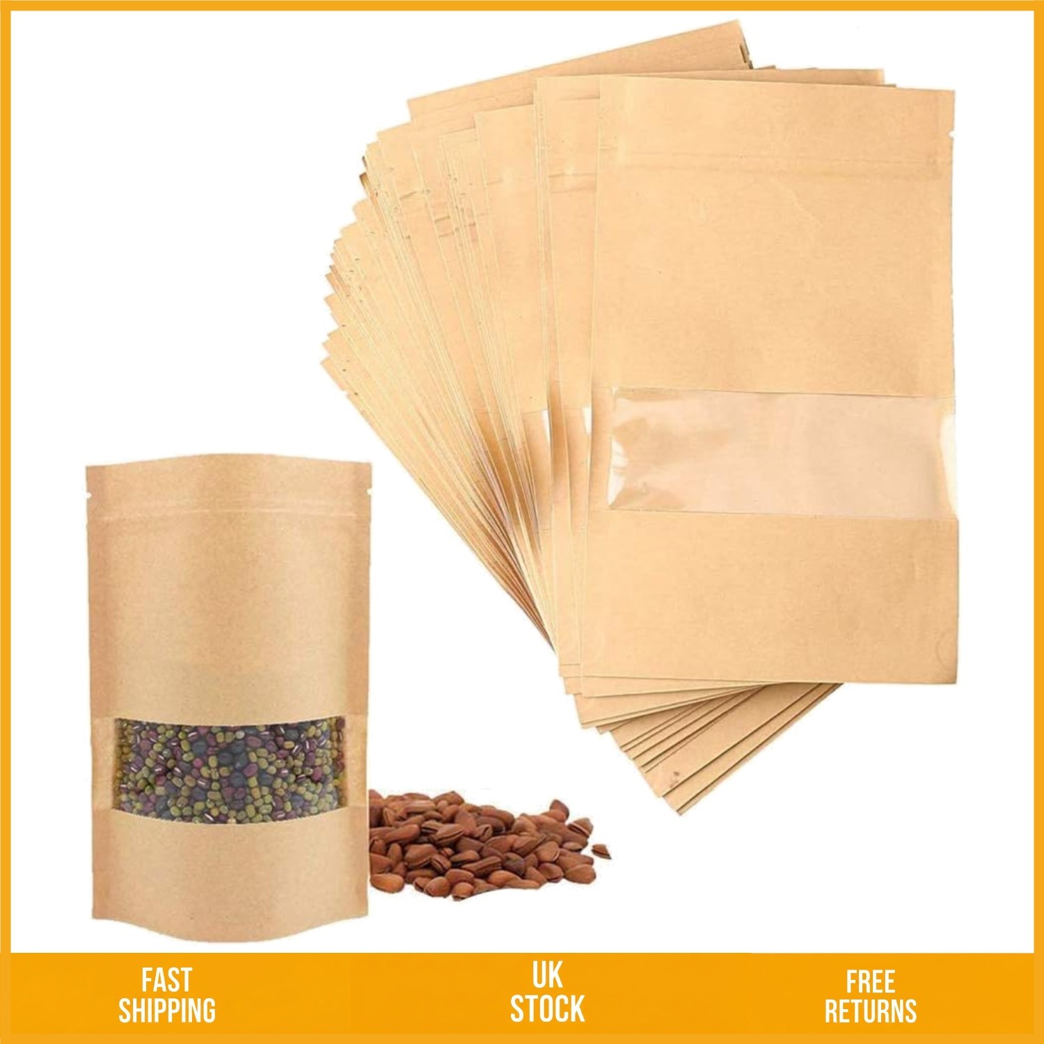 Durable Stand Up Kraft Paper Food Bags Reusable Window Pouch 9x14cm 50 Pack