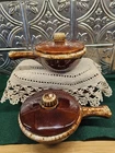 Vintage Hull Oven Proof USA Set of 2 Brown Drip Soup Bowls w/ Handles & Lids