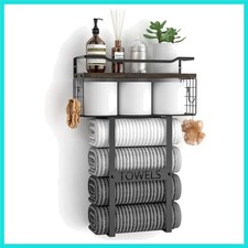 Rustic Brown Wood Vertical Towel Rack - Bath Wall Holder Set Above Toilet Sto...