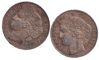 AUCTION START £1. SILVER FRANCE 1882 TWO SILVER 50 CENT COINS VGC [13]