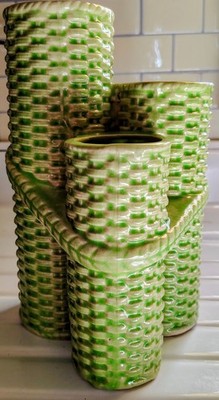 Ceramic Lucky Bamboo Textured Vase Trio Bulb Succulent Planter VTG Japan Green 