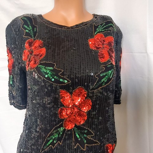 Vintage Black Red Florals Silk All Over Sequin Joseph Le Bon Blouse S ***SALE*** - 第 1/8 張圖片