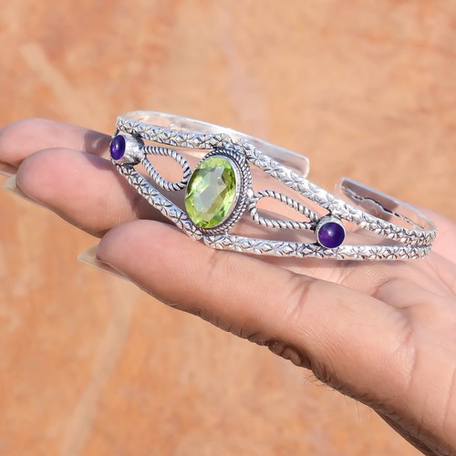 Faceted Peridot & Amethyst Gemstone 925 Sterling Silver Cuff Affordable Bangle - Picture 5 of 7