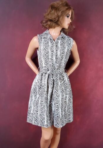 LAURA BIANCHI Sleeveless Linen Dress S Button Up Belted Brown White Taupe Animal - Afbeelding 1 van 9