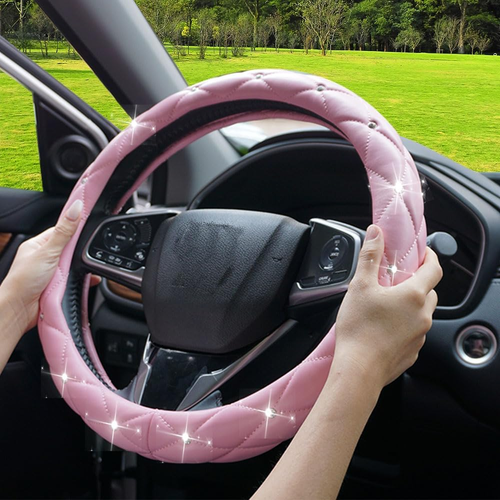 Cute Diamond Soft Light Pink Leather Anti-Slip Steering Wheel Cover with Bling B - Picture 7 of 7