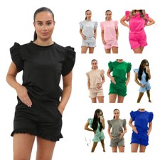Women's Ladies Frill Peplum Short Sleeve Top Shorts 2PCS Co ord Set Tracksuit UK