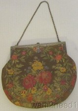 1900 Antique French Tapestry Purse Edwardian Handbag Dark Rose Floral Pattern