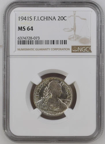 NGC MS64-French Indo-China 1941S Liberty Head 20 Cents Choice BU Scarce