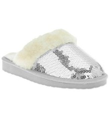 NEW Youth Girls Silver Black Sequin Faux Fur Lined Slip On Scuff Slippers Sz 12