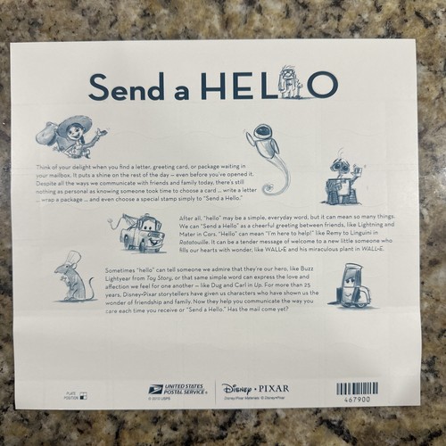SFSTAMPS US Scott 4553-4557 Disney Pixar Send a Hello Sheet of 20 Stamps NH 2011 - Picture 2 of 2