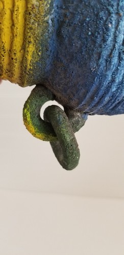 Rustic Accent Vase Urn Rings 2 Handles Pottery Painted Blue Green Yellow 6" - Picture 9 of 17
