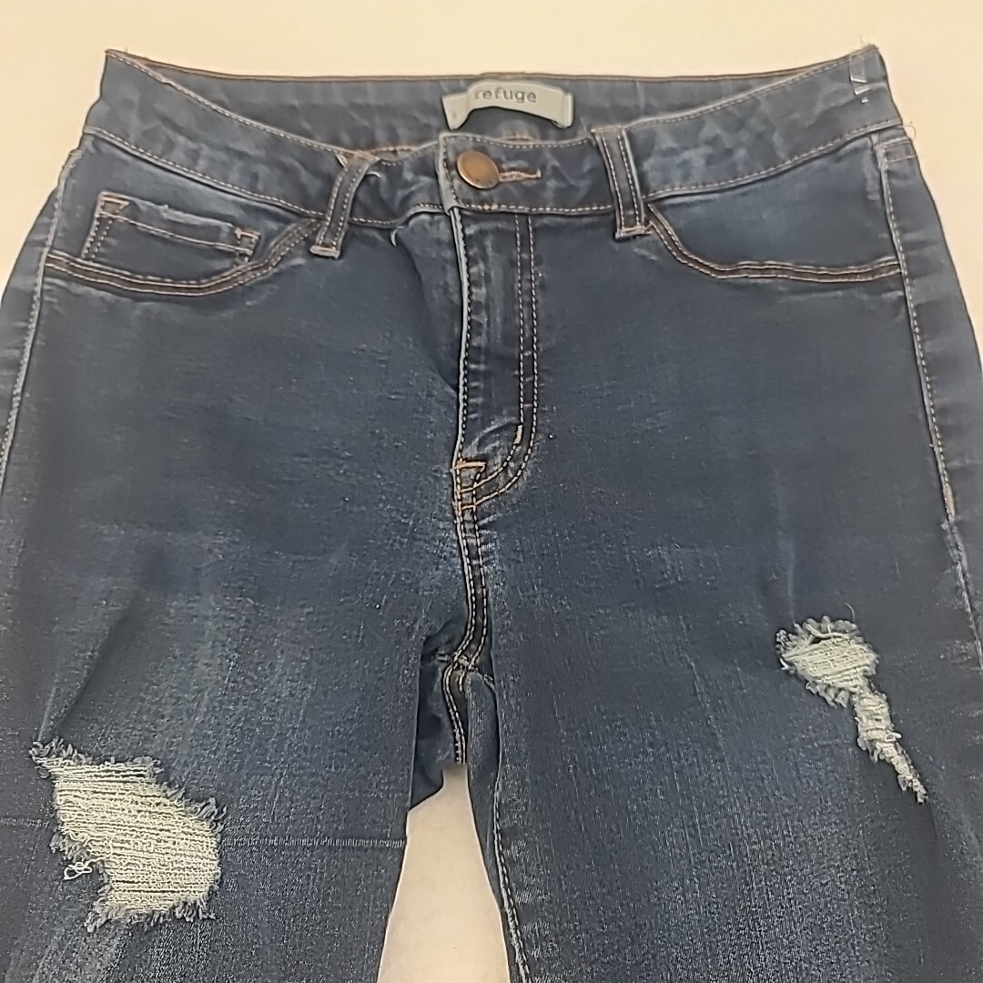 Refuge Jeans Womens Mid Rise Blue Denim Skinny Ankle Destroyed