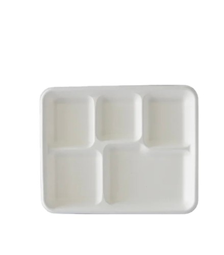 5 Compartment Sugarcane Plate (260×210×25) White Disposable Party Wedding Dinner - Picture 3 of 9