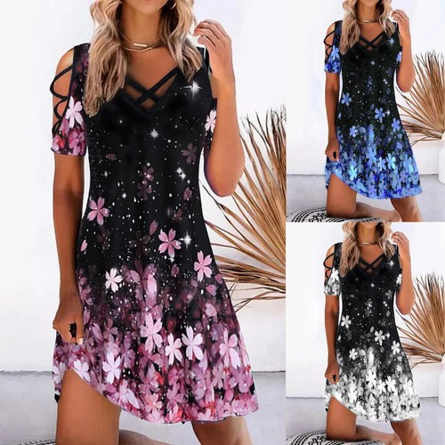 Women Floral Print Cold Shoulder Mini Dress Ladies V-Neck Summer Casual Sundress - Picture 1 of 12