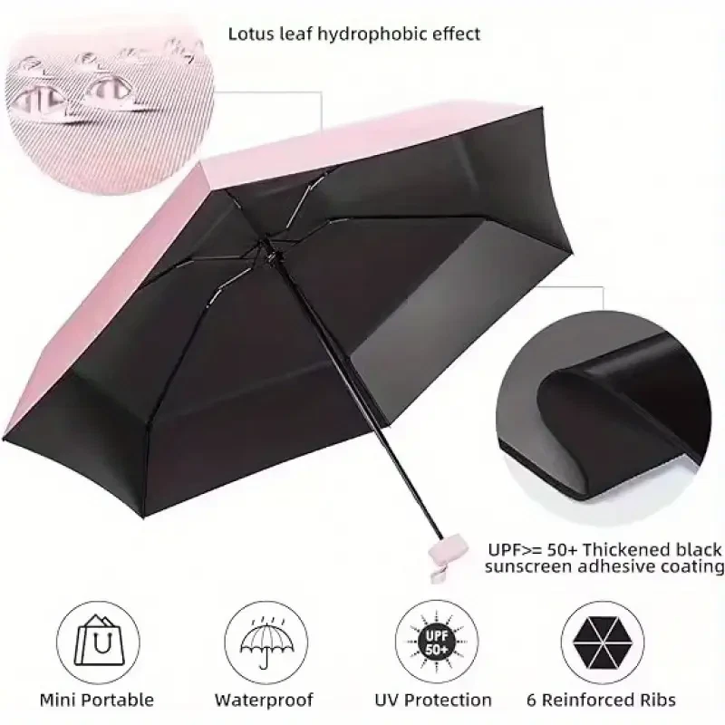 S Nuevo Paraguas Compacto de Bolsillo 6 Pliegues Parasol Mini Paraguas de Lluvia Portátil Foto 3 de 4