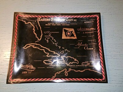 Vintage Eastern Steamship Lines Opaque Black Glass Tray W/Map-Very Good
