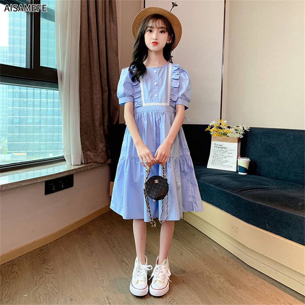 Teens Girls Dress Summer Korean Princess Gentle Blue Kids Clothes |