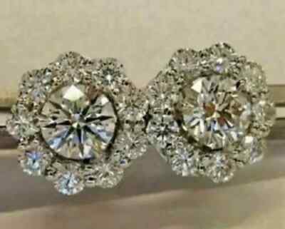 4Ct Round Lab-Created Diamond Flower Halo Stud Earring Solid 14K White Gold Over