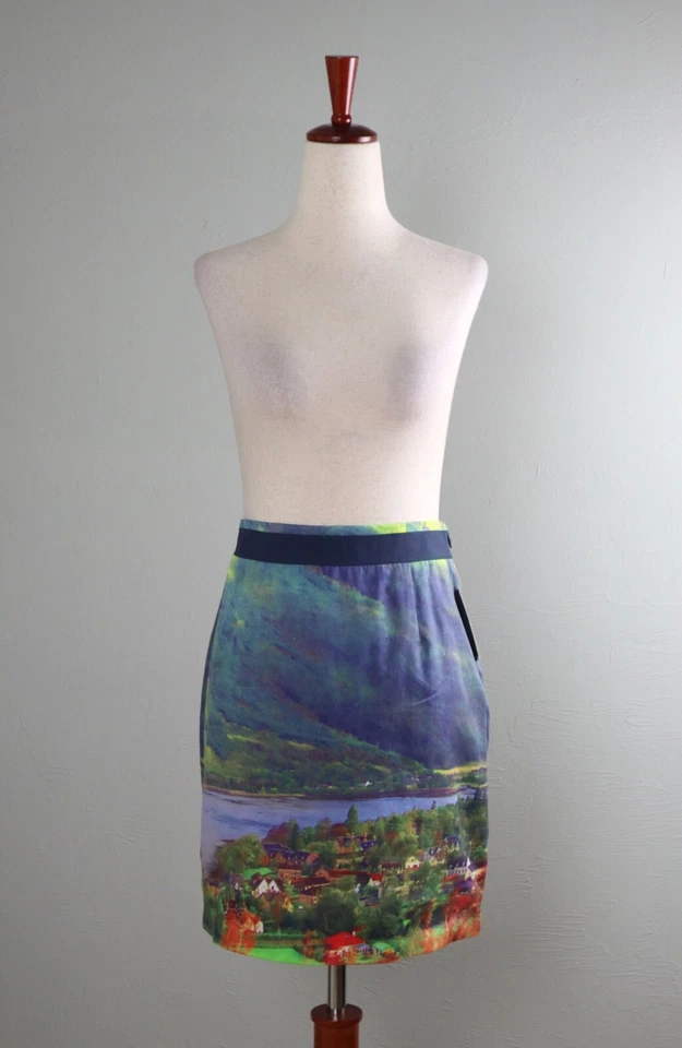 ANTHROPOLOGIE NWT $98 Meadow Rue River School Landscape Print Skirt Size 0 Foto 2 de 4