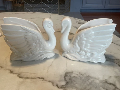 Vintage Pair McCoy Off White Swan Planters Art Pottery