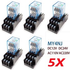 5Pcs MY4NJ 12/24V 110/220V Coil Power Relay DIN Rail Mounted 14Pin W/Base PYF14A