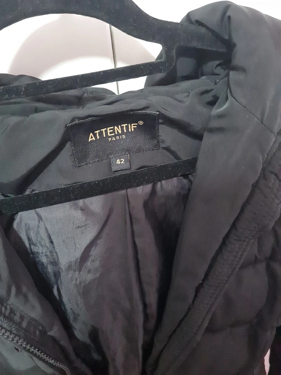 ATTENTIF PARIS PADDED BELTED COAT BLACK WITH FAUX FUR TRIM HOOD SIZE 42 14