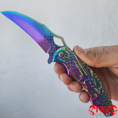 8" Rainbow Flame Dragon Spring Assisted Pocket Knife Tactical Open Blade Folding - Picture 4 of 5